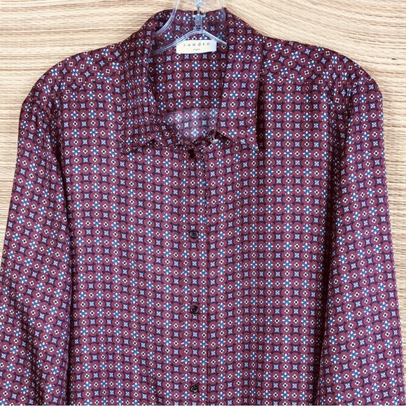 SANDRO Thia Printed 100% Silk-twill Shirt Blouse In Bordeaux Size 4 - Picture 8 of 16